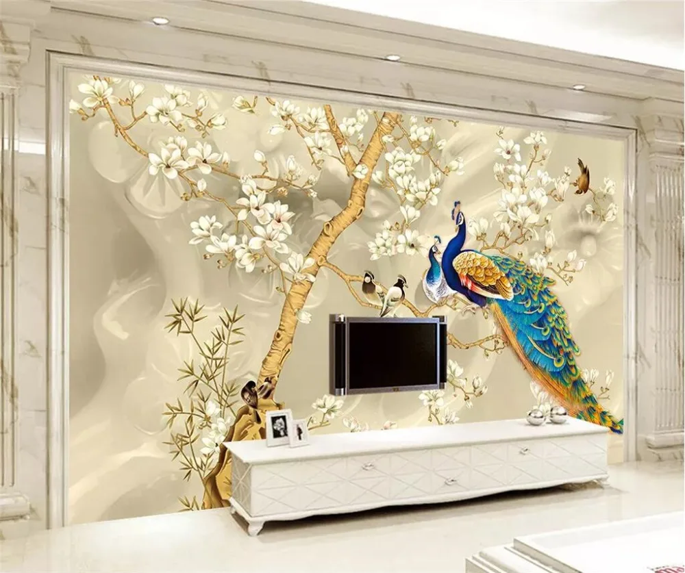 

Drop Shipping Custom Wallpaper 3d Photo Mural Handmade Birds Picture Peacock Magnolia Living Room Bedroom TV Wall Murals