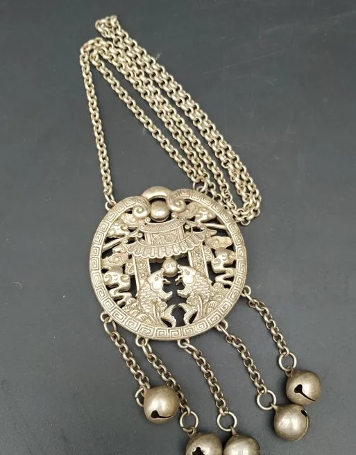 Raro Vecchio Argento Tibetano Antico Miao Nazionalità Silverfish Leaping Longmen Longmen Pendente, Spedizione Gratuita