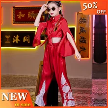 Осенний танцевальный костюм для девочек Рубашка в стиле хип-хоп, штаны Красный костюм детские короткие топы с пупком для девочек, модная праздничная одежда для выступлений