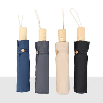 

3 Fold Automatic Umbrella Wooden Handle Wind Resistant Folding Automatic Umbrellas Simple Style Umbrella Men and Women B65