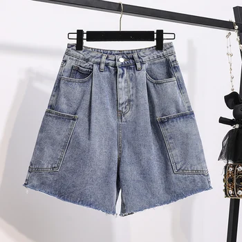 

Korean Students Summer Knee Length Jean Pant Women High Waist Short Denim Wide Leg Pants Pockets S-5XL