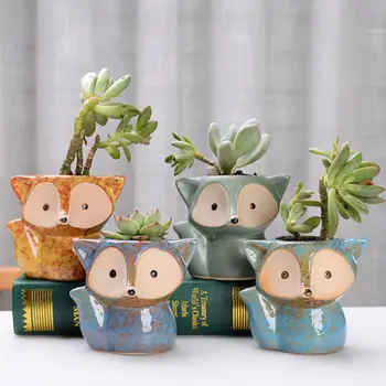 

4Pcs Cute Foxes Shape Succulent Pots With Bamboo Saucers Trays Planters Ceramic Flower Pots With A Drainage Hole At The Bottom