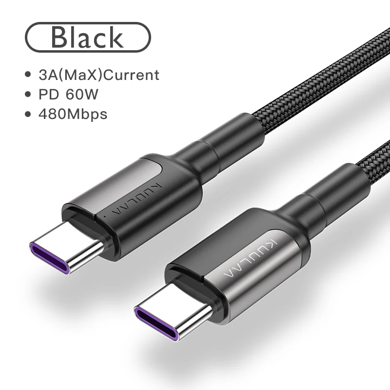 Black KUULAA usb type-C-usb type-C кабель для Xiaomi Redmi Note 7 60 Вт PD QC 4,0 Быстрая зарядка USB-C кабель для samsung Galaxy S10 S9 - Цвет: Black