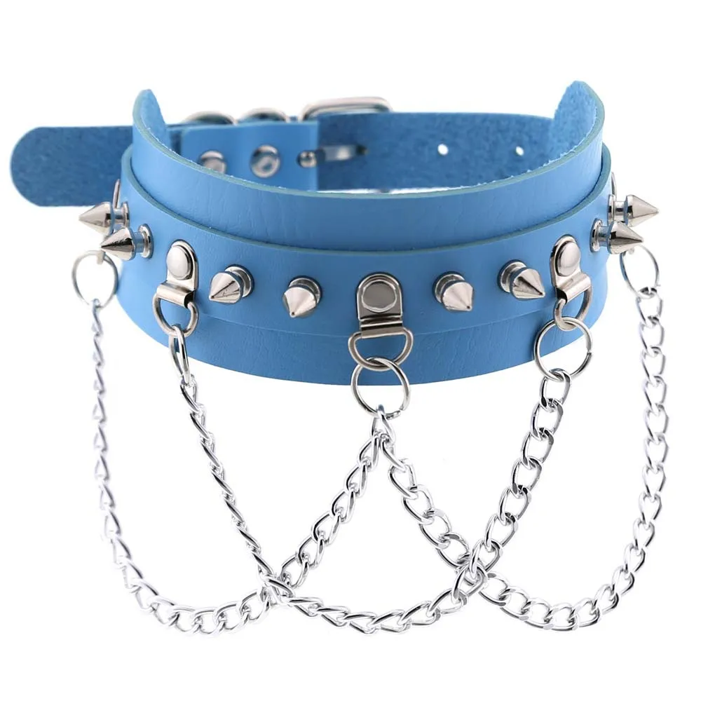 2021 Fashion Punk Blue Leather Choker Necklace Multilayer Heart Round Chocker Sexy Collar E Girl Women Necklace Gothic Jewelry 