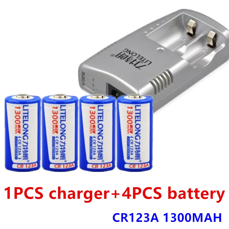 4 шт. высокой емкости 1300mAh 3V CR123A перезаряжаемые LiFePO4 батарея 16340 литиевая + 1 CR123a