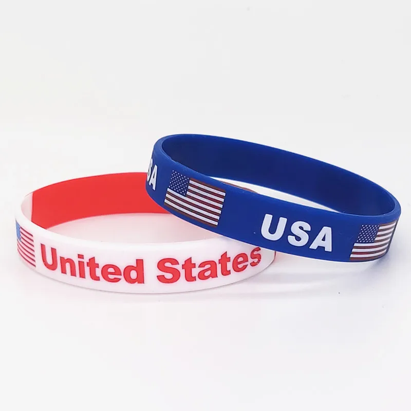 100 шт., спортивный браслет с флагом США, американский логотип, резиновый ремешок на запястье с гравировкой, силиконовый браслет, мужские браслеты, аксессуары