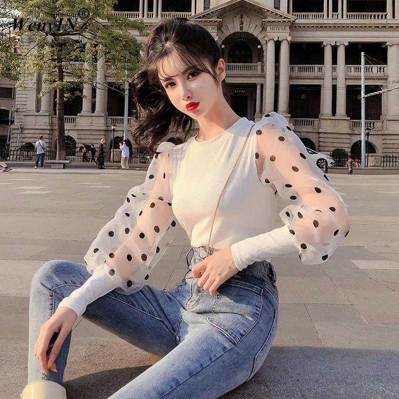 WENYIN футболка 2020 Весенняя мода в горошек Сетчатое платье фонарь рукав пэчворк