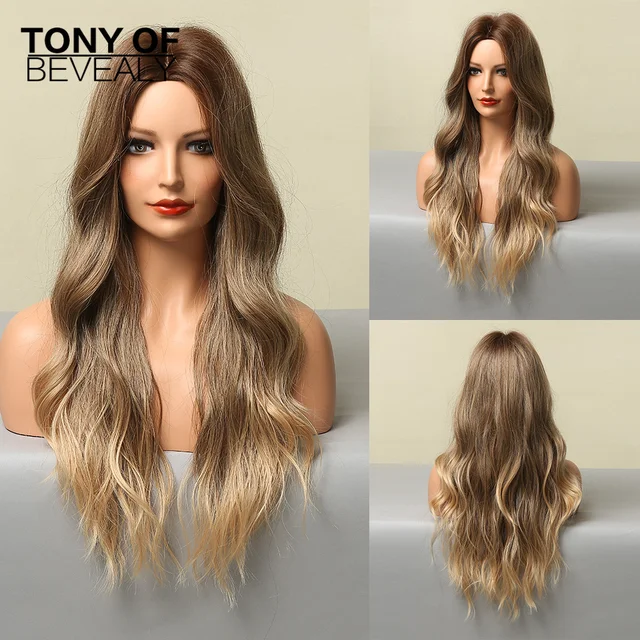 Long Water Wavy Synthetic Wigs Ombre Brown Middle Part Natural Hair Wigs For Women Cosplay Wigs Heat Resistant Fiber LC5330-1