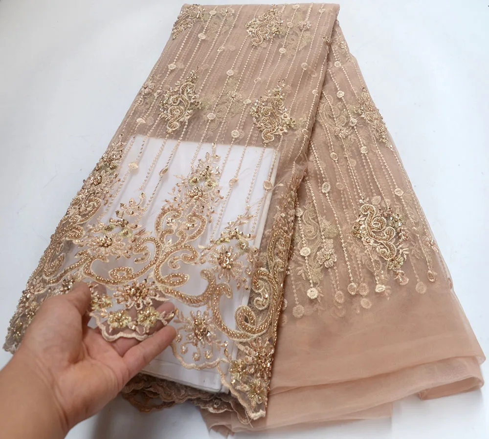 

Nigerian Lace Fabric 2019 High Quality Lace French Tulle Lace Fabric With Heavy Beads Party African Lace Material