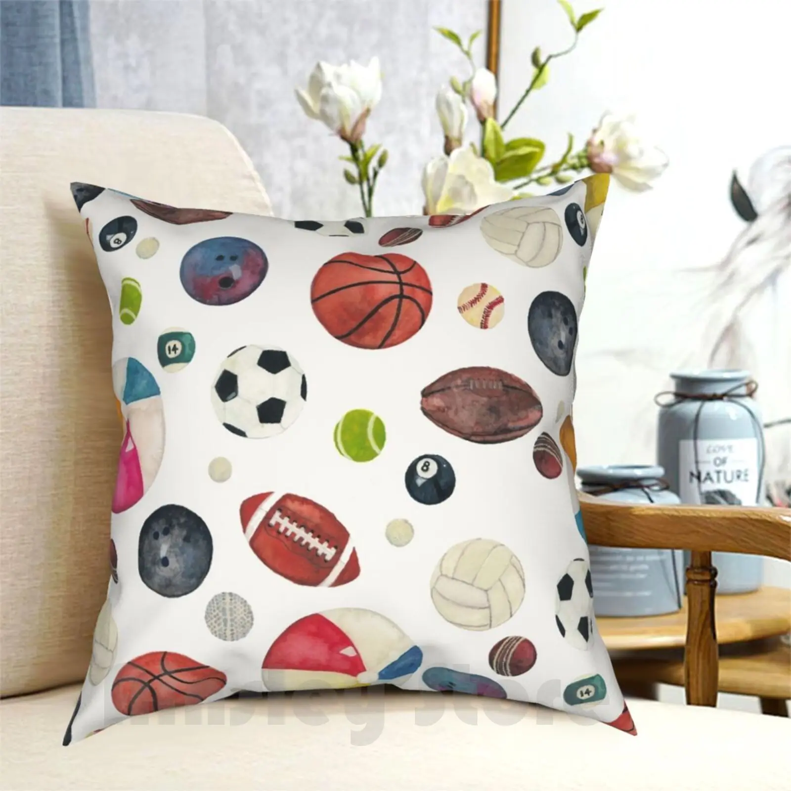 

Sporty Night Pillow Case Printed Home Soft Throw Pillow Watercolor Sports Balls Nostalgia Games Play School Basketball