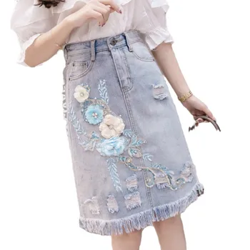 

High Waist Skirt Women Pearl 3D Flower Embroidery Sequins Skirt Summer 2020 Hole Ripped Tassels Denim Jeans Skirts tassel Femme