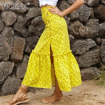 

TIGENA Floral Daisy Print Split Maxi Skirt Women Fashion 2020 Summer Boho Beach Holiday High Waist Chiffon Skirt Female Yellow