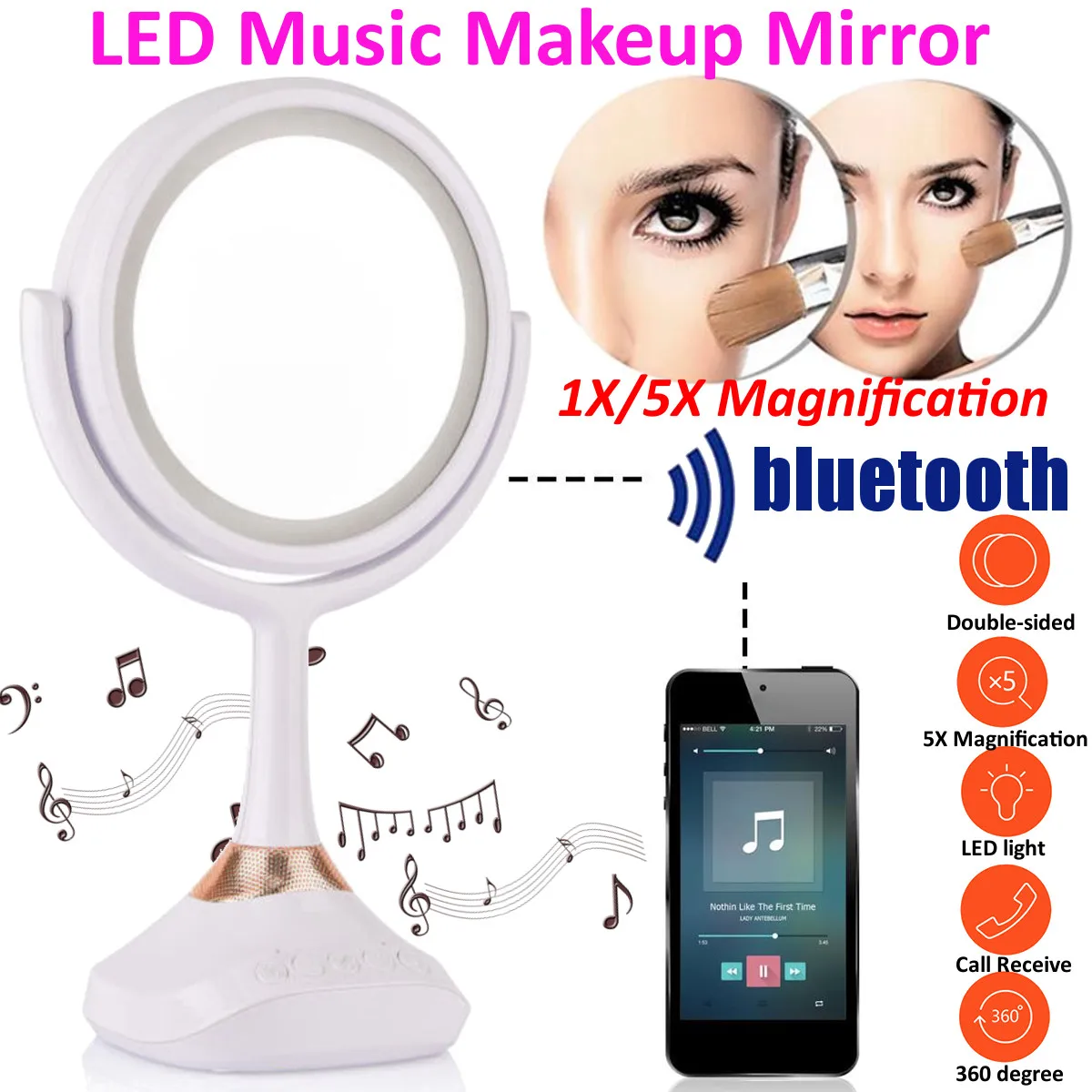 

5X Vanity Mirror With Lights Magnifying LED Double Sided Makeup Mirror bluetooth Hands-free Speakerphone Lighted Makeup Mirror
