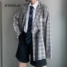 NYOOLO винтажный клетчатый костюм с вышитыми буквами для офисной леди с пряжкой осенний уличная Блейзер униформа для женщин и мужчин одежда верхняя одежда