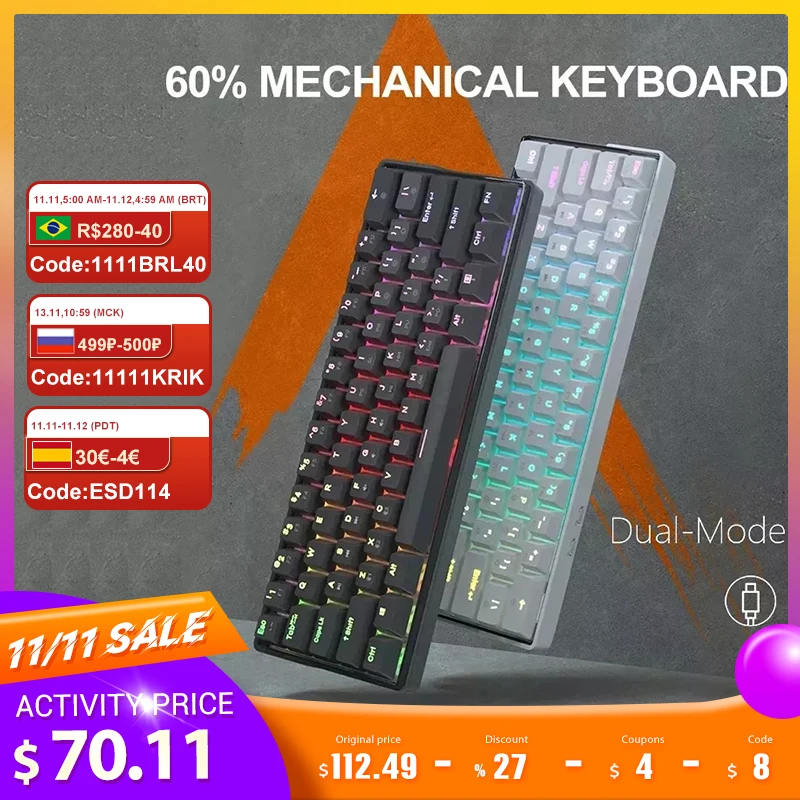 KEMOVE SnowFox 61 Key Mechanical Keyboard NKRO Bluetooth-compatible PBT Keycaps Wireless Wired Gaming Keyboard PC TABLET vs DK61
