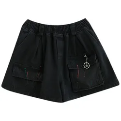 Mulheres primavera verão moda coréia estilo vintage preto denim shorts jeans oversize lady feminino solto carga shorts