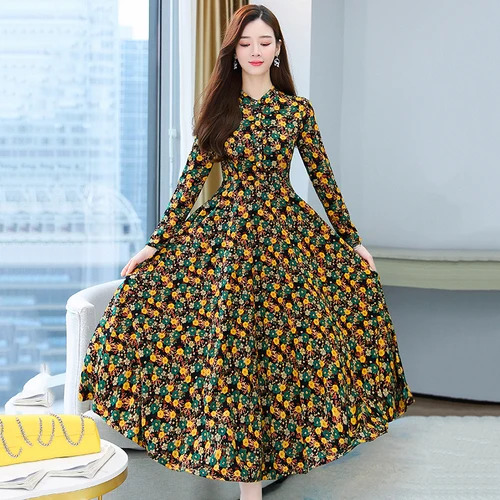 2021 Autumn New Arrival Hot Sale Stand Collar Flower Printed Long Sleeve Knitting Cotton A-LINE Mid-Calf Long Dress Green