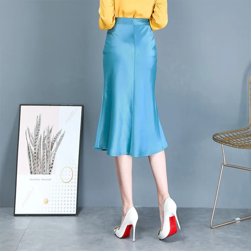 

Bag Hip Skirt Women New French Young Style Silky Satin High Waist Trumpet Mermaid Skirt Blue High Quality