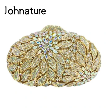 

Johnature Evening Bags Luxury Handbags Women Bags Designer Diamonds Hollow Out Female Clutch Bag Fashion Metallic Chain Bag