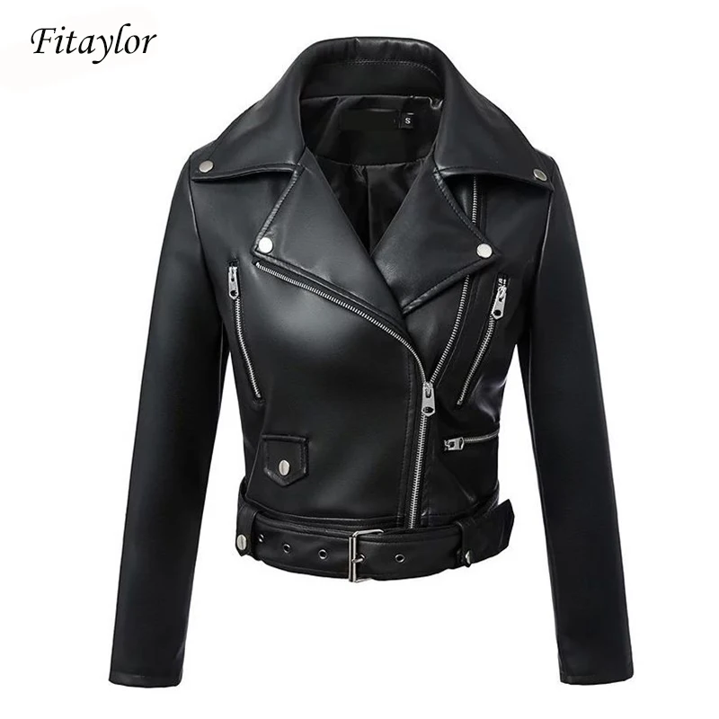 Meilleur Fitaylor noir veste en simili cuir femmes printemps automne court doux vestes en cuir synthétique polyuréthane avec ceinture Zipper Moto Biker manteau