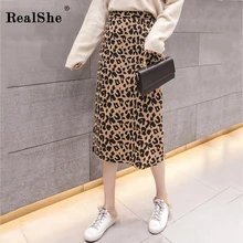 RealShe женские юбки осень зима высокая эластичная талия леопардовая длинная юбка с принтом Весенняя Повседневная элегантная тонкая Сплит Jupe Femme