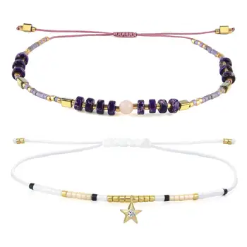 

KELITCH 2pcs Miyuki Seed Beaded String Wrap Bracelets Bangles for Lovers Gifts Woven Braided Stone Beads Charm Bracelets Adjust