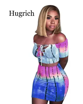 

2020 Women Casual Mini Dress 2PCS/Set Women Print Short Sleeve Slash Neck Sexy Lace Up Crop Top + Mini Skirt Women's Sets