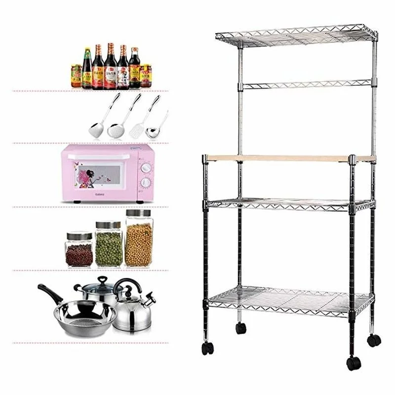 Magic Union 4-Tier Adjustable Kitchen Rack Floor Standing Rolling Rack Microwave Stand Shelf Storage Cart with Cutting Board