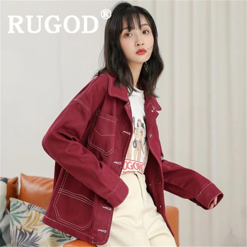 lower price  RUGOD Women basic denim jacket for women turn down collar back pattern slim jean coat new autumn fa