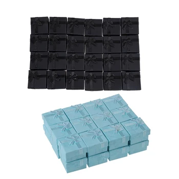 

48 Pcs Ring Earring Jewelry Display Gift Box Bowknot Square Case Black & Sky Blue