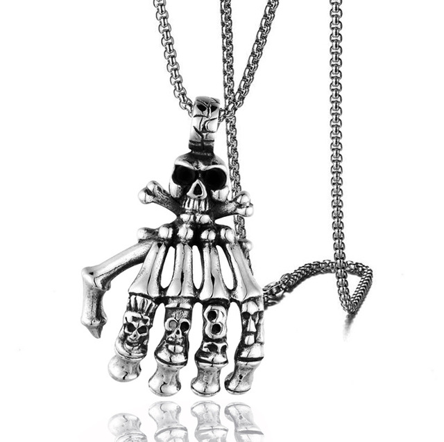 Punk Skull Hand Circle Pendant 3MM Stainless Steel Chain Necklace For Men Male Neck Gothic Jewelry
