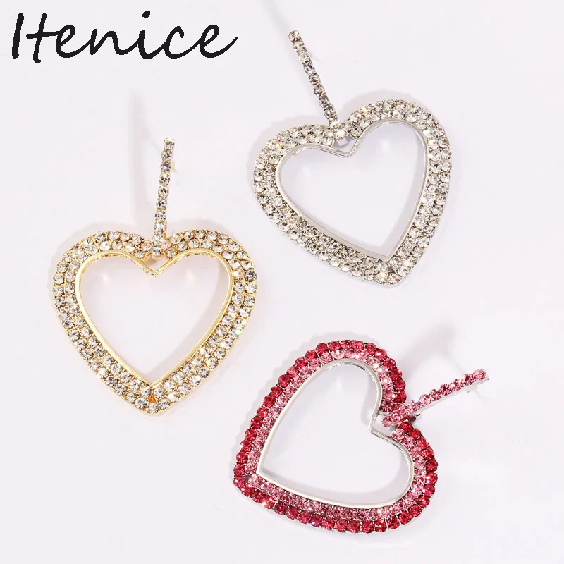 Itenice Multicolor Rhinestone Love Pendant Earrings For Women Crystal Statement Bijoux Heart Dangle Drop Earring Femme | Украшения и