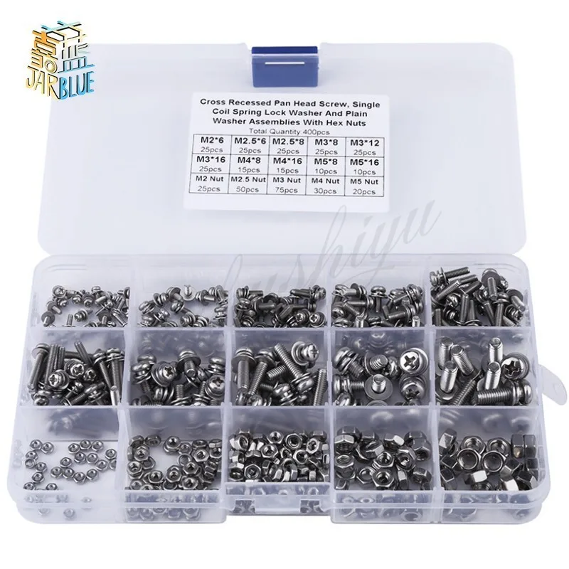 

400PCS/Lot M2 M2.5 M3 M4 M5 Cross Pan Head Screws Nuts Washer Assortment Kit Fasteners Hardware with Box