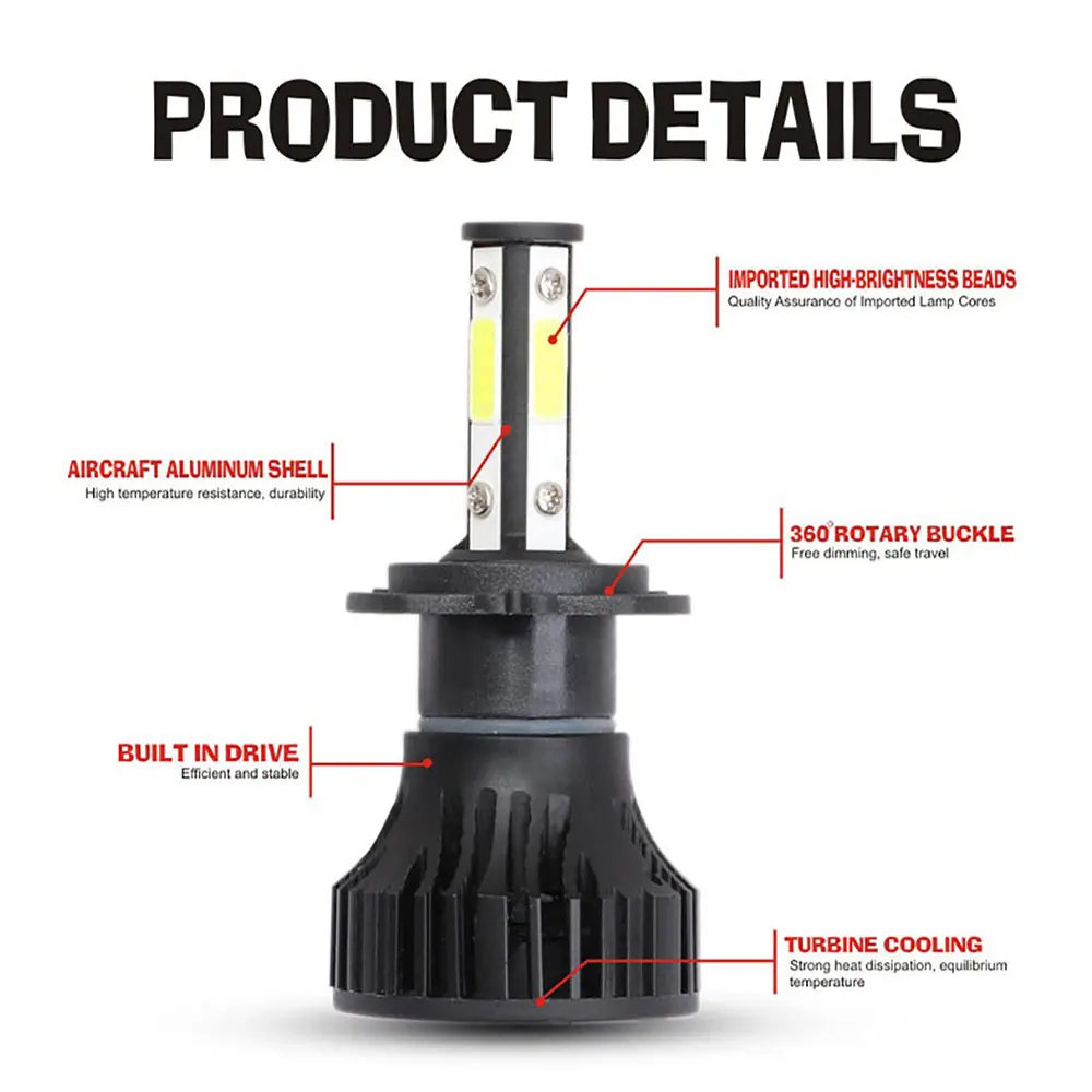 4 side headlight led H4 H7 H11 9005 HB3 9006 HB4 auto car light blub cob led headlight 12v heaadlamp Kit car syling 12V 6000k