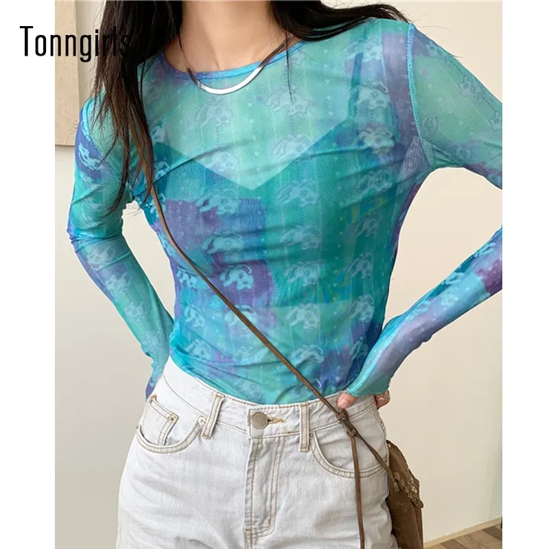 Tonngirls Aesthetic Gradient Tie Dye Mesh T Shirts See Through Slim ...