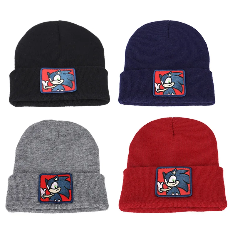 Свободного покроя с Ёжиком Соником; патч вязаные шерстяные шапки skullies beanie мужские и женские носки в стиле хип-хоп для пары с героями мультфильма, зимняя Лыжная Шапка пуловер