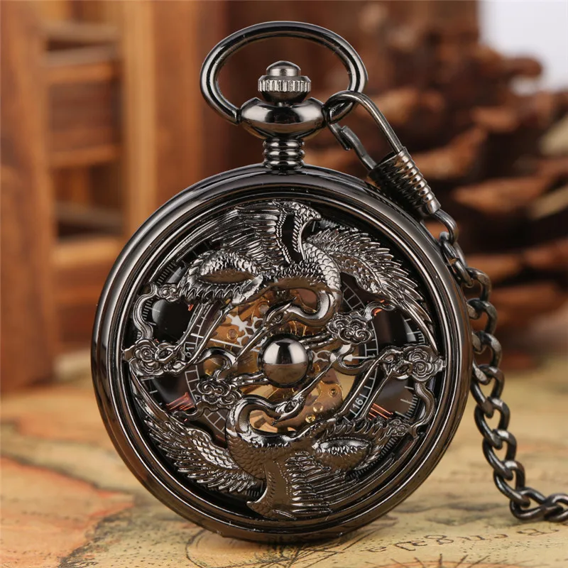 Retro Hollow Cranes Men Women Hand-winding Mechanical Pocket Watch Manual Skeleton Clock Roman Numbers Watches Pendant Chain