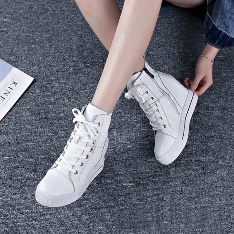 Zip White Boots Женские ботинки из натуральной кожи; ботильоны на платформе, визуально увеличивающие рост; высокие кроссовки на танкетке; Повседневная обувь; женская обувь из натуральной кожи; Botas - Цвет: Zip White Boots