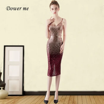 

Prom Dress GDX296 Sequined Contrast Color Burgundy Prom Dresses 2020 Elegant Spaghetti Strap Tea Length Skinny Vestidos De Gala