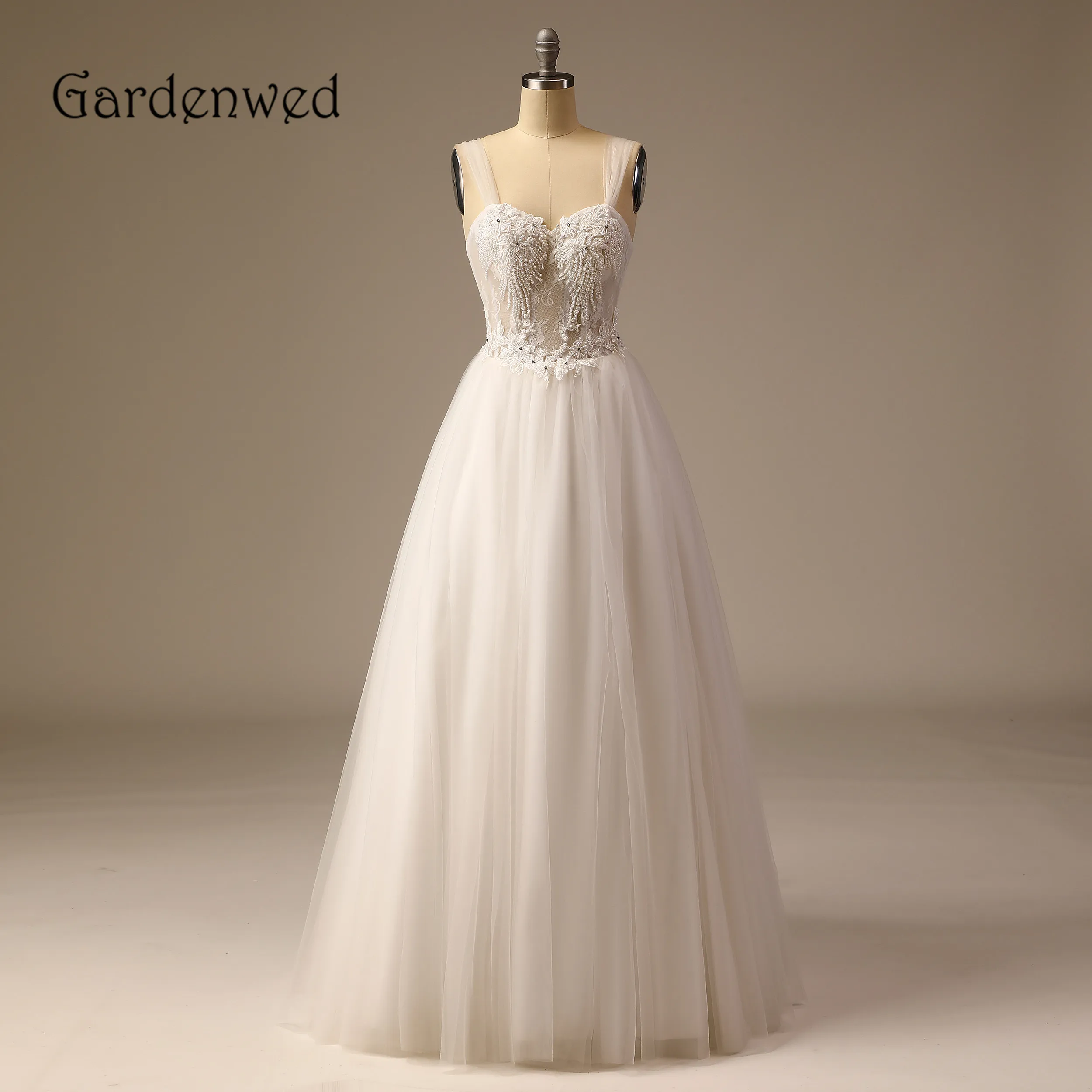 

Gardenwe Sexy Illusion Straps Bridal Gowns High Quality Pearls Beading Tulle Floor-length Wedding Dresses Sheer Lace Bodice