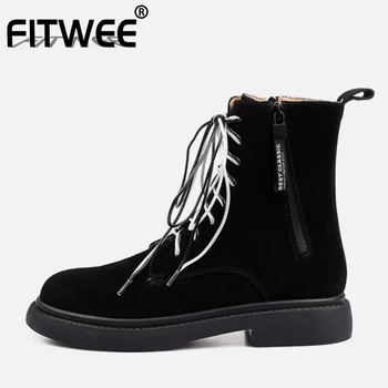 

FITWEE Real Leather Women Ankle Boots Cross Strap Zipper Shoes Flats Round Toe Winter Boots Women Party Footwear Size 35-41