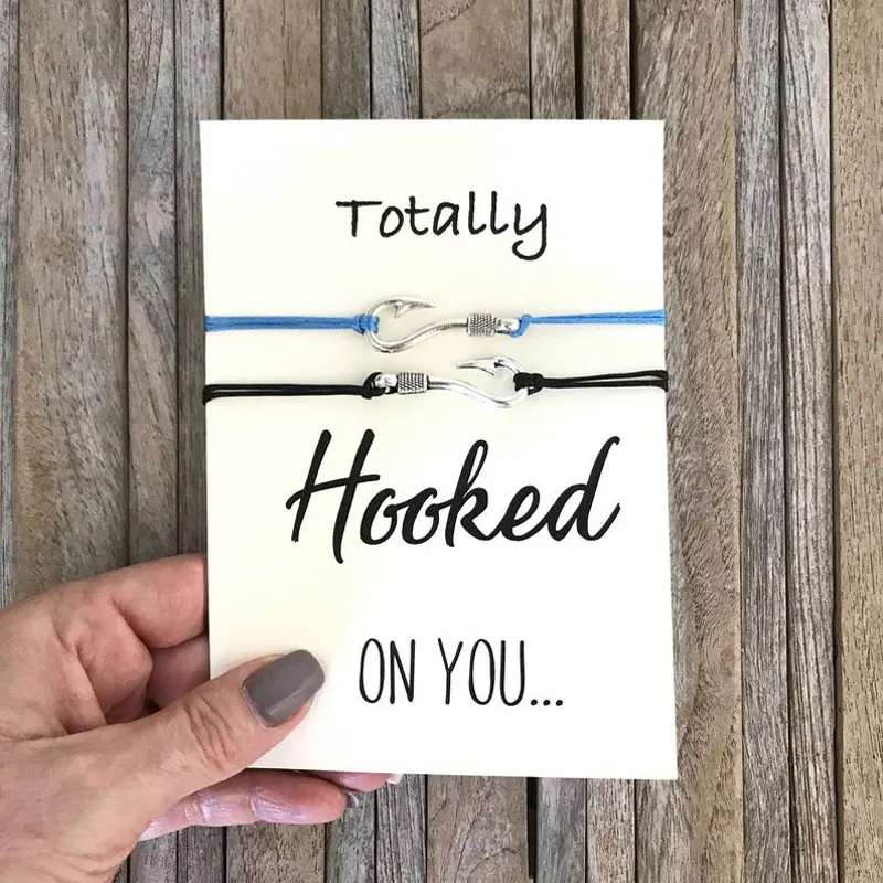 

Long Distance Relationship Gift Hooked on You Fish Hook Bracelet Couples Bracelet for Relationship Friendship Wish Bracelet Gift