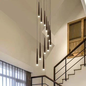 

Modern Led Stairs Chandelier Black Aluminum Conical Long Stairs Chandelier Table Lamp Suspended Lights Spiral Gloss LED Bulbs