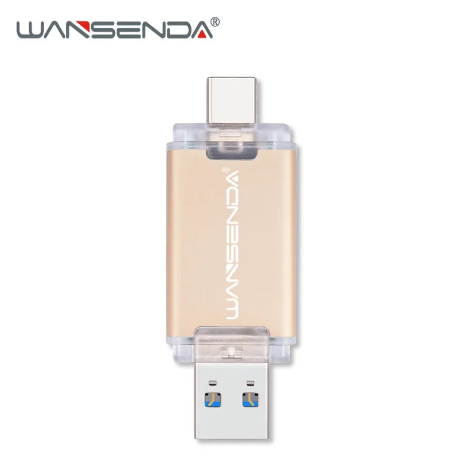 WANSENDA 2 в 1 OTG USB флеш-накопитель USB 3,0& type C флеш-накопитель 16 ГБ 32 ГБ 64 ГБ 128 ГБ 256 ГБ флеш-накопитель высокоскоростная флеш-карта памяти - Цвет: Золотой