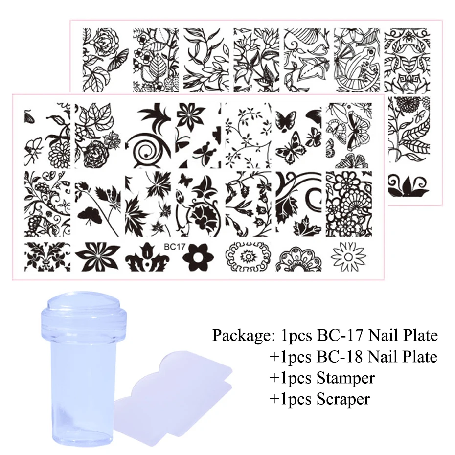 STZ 2 шт для дизайна ногтей штамповка изображения пластины для ногтей шаблон Цветущий цветок кружева Шаблон трафарет аксессуары для маникюра искусство инструмент BC-1 - Цвет: BC17 18 Set