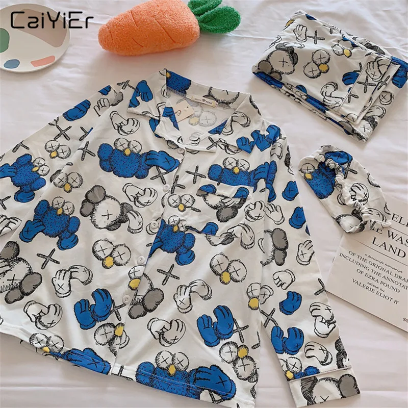 Caiyier комплект свободных пижам для дам мультфильм Улица Сезам печати отложной воротник рубашка+ брюки пижамы зимняя женская домашняя одежда пижамы