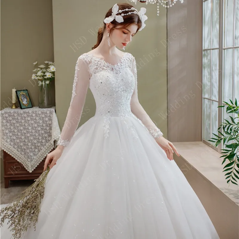свадебное платье Lace Embroidery Wedding Dress With Long Sleeve Train Real Vedio Gown V Neck Elegant Plus Size Vestido De Noiva tea length wedding dress