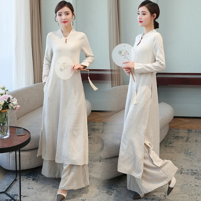 

2020 Spring New Style WOMEN'S Dress Cotton Linen Improved Chinese Style Loose Pants Suit Dress