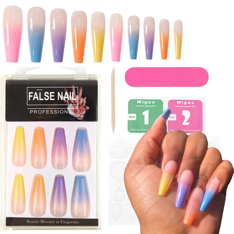 

20pcs Candy Color Rainbow Gradient Fake Nails Super Long Ballet Nail Art Reusable Full Covering Matte Fake Nails and Jelly Glue