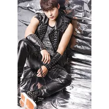 Мужские кожаные куртки, жилет с заклепками, Панк локомотив, мужской певец, ночной клуб, бар, Dj, одежда для выступлений, персональный Комплект из трех предметов